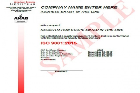 ASR 英文證書樣本 ISO9001